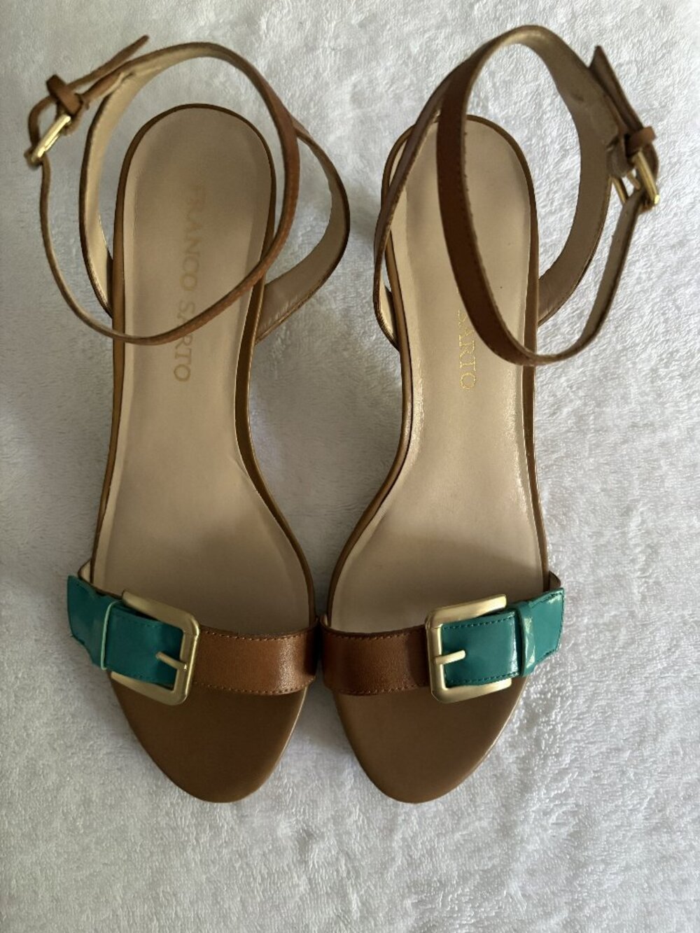 Franco Sarto brown and teal kitten heel sandals, size 9M
